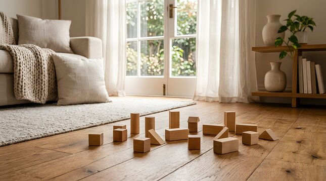 Wooden building blocks scattered on a bright hardwood floor in a living room