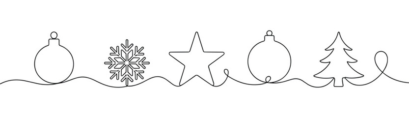 Obraz premium Continuous line drawing of various christmas elements including ball ornaments snowflake star and pine tree isolated on white background