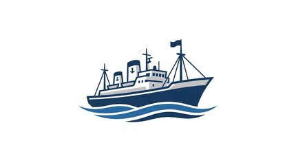 Fototapeta premium Retro vector illustration of a vintage cargo ship sailing on ocean waves, isolated on a white background