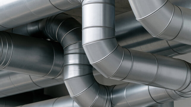 Industrial ventilation system featuring numerous galvanized metal air ducts and pipelines crisscrossing a ceiling, providing heating and cooling infrastructure to a building
