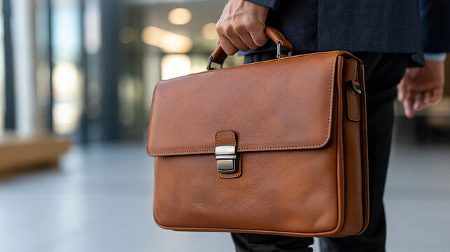 Businessman carrying a brown leather briefcase, walking through a modern office building, symbolizing career success, corporate finance, and professional commitment