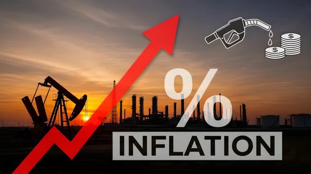 Inflation graph with oil rig and gas pump symbolizing rising fuel cost and economic challenge.
