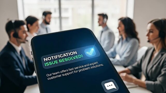 A phone screen showing a notification that says ISSUE RESOLVED! with a team of support staff in the background, illustrating customer service and problem-solving.