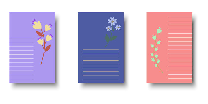 Three floral lined note cards isolated on a transparent background