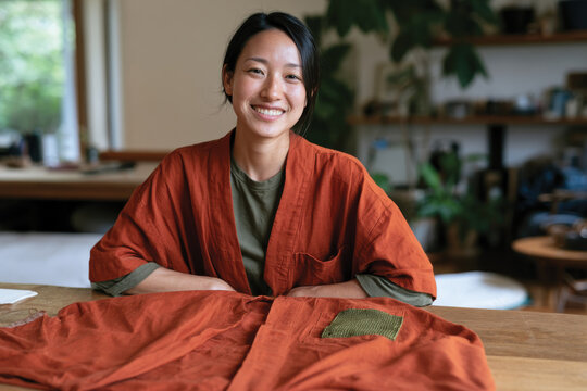 A woman happily showcases her fashionable orange robe while seated at a table, beautifully harmonizing comfort and style in an inspiring home setting filled with greenery.