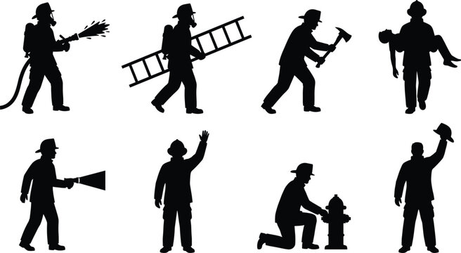 Set of firefighter silhouettes showing rescue operations, equipment handling, and emergency response actions