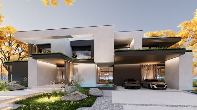 3D architectural rendering and camera movement of a contemporary cubic villa exterior during fall season. Minimalist residential architecture with large glass windows colorful foliage under bright day