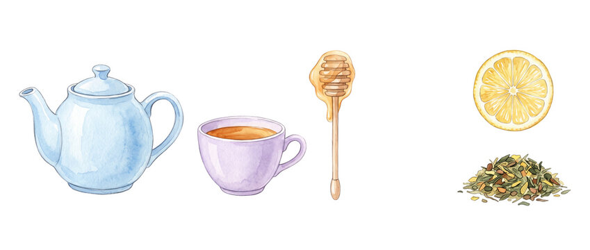 Watercolor tea set teapot cup lemon honey and loose dry tea leaves clip art isolated on black background for menu design herbal hot drink concept cozy breakfast illustration graphic elements collectio