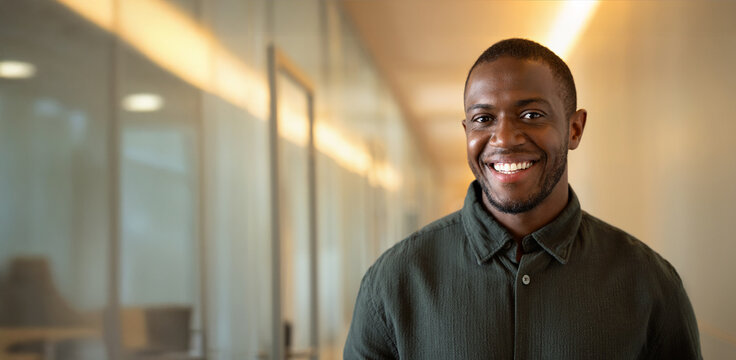 Web banner of smiling african american business man in 30s looking at camera inside office hallway, black employee portrait for corporate company website, blog or career landing page. Copy space.
