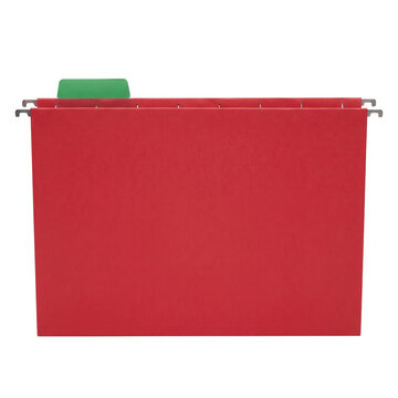 Red hanging file folder with green label tab