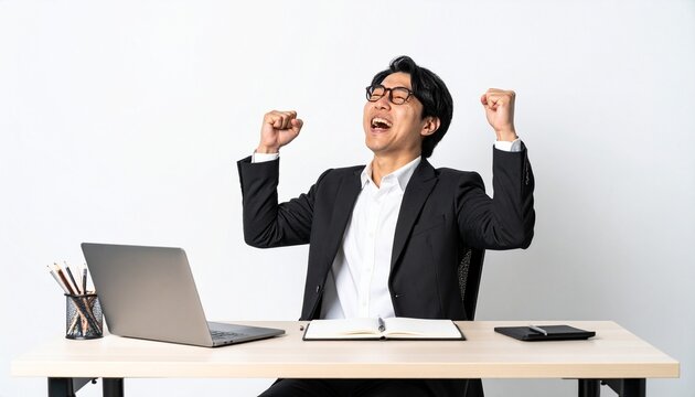 ガッツポーズで喜ぶスーツ姿の男性の投資成功の瞬間
