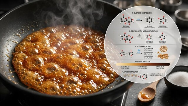 Caramelizing sugar in a pan turning golden brown with a zoomed inset showing sucrose breaking down into glucose and fructose, dehydration, and flavor compound formation