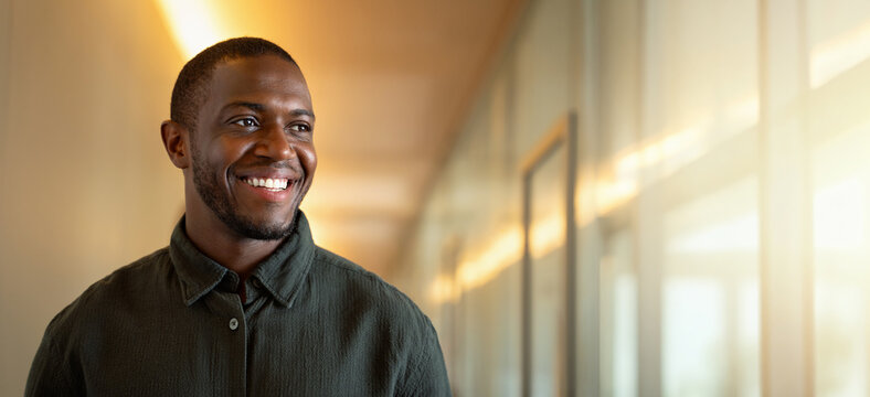 Web banner of happy african business man in 30s laughing at modern office corridor, closeup portrait of cheerful black professional smiling aside, corporate staff for company blog. Copy space.