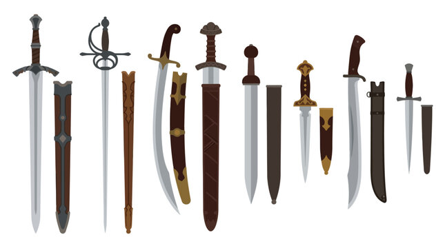 Swords and sheaths are arranged in a flat collection to showcase various historical blade designs for educational purposes.