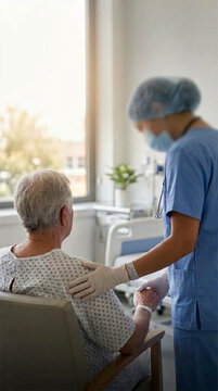 A caring nurse in medical scrubs placing a hand on a senior patient's shoulder in a hospital room. Illustrating compassionate healthcare, elderly care, nursing support, and medical empathy.