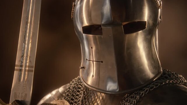 Close-up portrait of Caucasian man in armor lowering knight helmet visor and raising sword. Footage serves fantasy gaming advertising, historical documentaries and cinematic trailers
