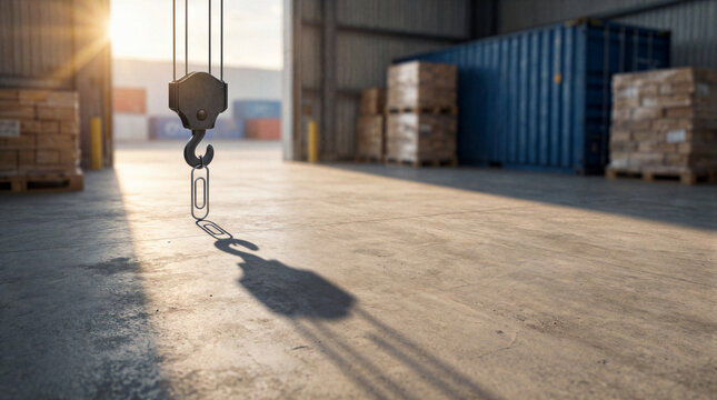 Warehouse shadow illusion featuring a tiny metal fastener casting a large industrial crane hook silhouette across a concrete floor