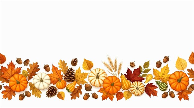 Autumn harvest border with pumpkins and fall leaves, seamless horizontal pattern of orange gourds and foliage, seasonal botanical frame