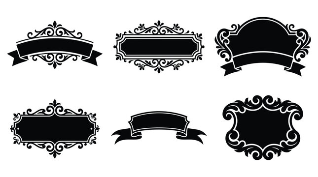 Ornamental scroll banner collection with decorative ribbon plaques flourish borders and floral frame shapes for certificate award label vintage sign packaging and wedding invitation black design sets