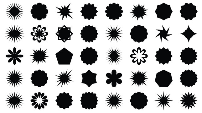 Vector set of different design shapes with scalloped seals starburst badges flower rosettes polygon and geometric outlines for sticker label sale tag badge icon and graphic design black flat elements
