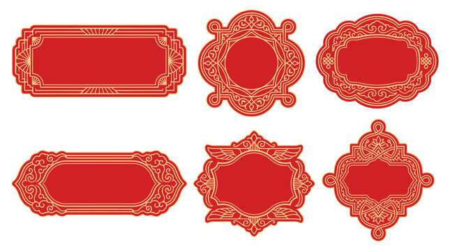 Ornamental label plaque collection with red and gold vintage frame badges scroll borders and decorative crest shapes for certificate packaging gift box tag product sticker and bottle label emblem set