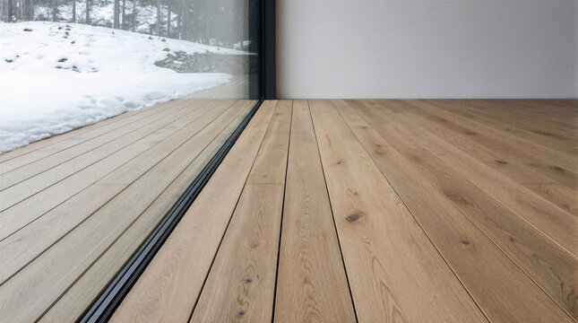 Zero threshold transition featuring a flush mounted linear drain channel and level matched wide plank oak decking