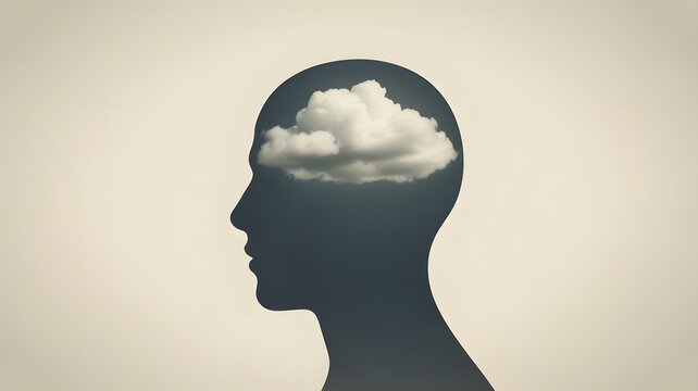 Human head silhouette profile containing a single fluffy white cloud representing mental health and clarity concepts
