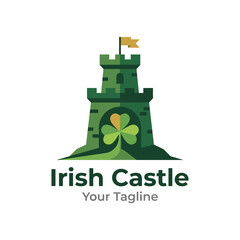 Obraz premium A vibrant, modern depiction of an Irish castle adorned with a flag, symbolizing lush landscapes and cultural richness, ideal for representing heritage and tradition.