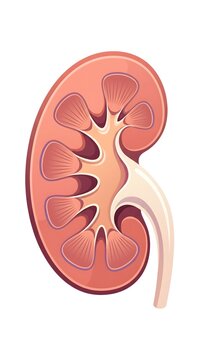 human kidney anatomical cross section illustration showing internal structure including renal cortex medulla and ureter in clean flat vector style for medical biology education presentation