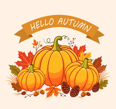 Autumn background with pumpkins and autumn leaves, along with the text  Hello Autumn. Autumn harvest illustration.