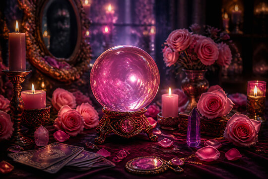 A mystical scene featuring a glowing pink crystal ball surrounded by roses, candles, and occult objects on a dark surface.