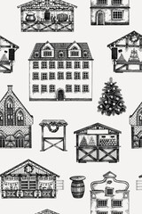Obraz premium Christmas market hand drawn architecrutal illustration. European architecture sketches collection. Vintage engraving style. NOT AI generated
