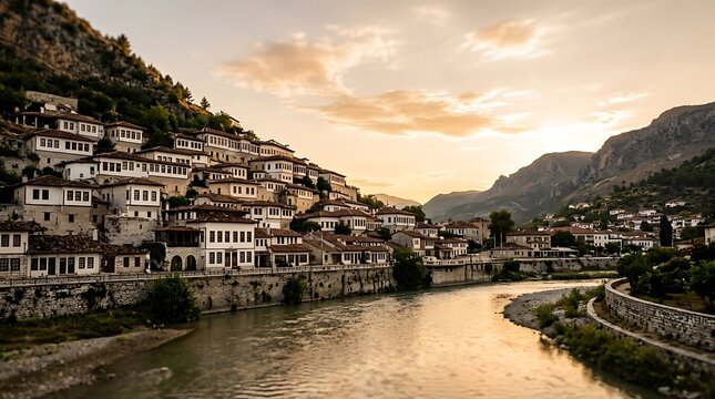 Historic white houses on a hillside by a river at sunset