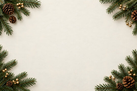 Christmas evergreen border with pinecones and blank center copy space