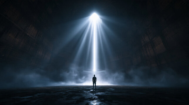Silhouette of Person Standing Under Mysterious Bright Beam of Light
