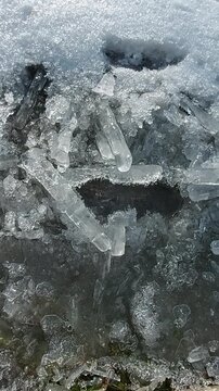 Close-up view of melting ice and water drops dripping onto frozen ground during a seasonal winter thaw. Concept of changing seasons, early spring arrival, nature renewal, and temperature rise.