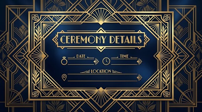 Art deco ceremony details event invitation template with gold frame