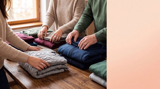 Family Folding Warm Clothes for Donation at Home
