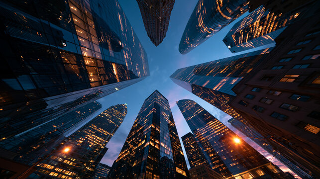 Low Angle View of Illuminated City Skyscrapers at Dusk