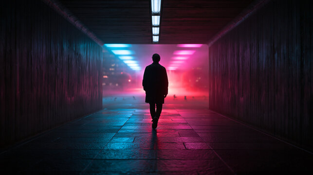Silhouette of Man Walking Through Dark Neon Lit Tunnel