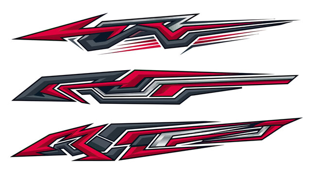 Dynamic racing stripe vector design set. Modern automotive vinyl wrap graphics for sport cars, vehicle decals, and custom body styling.