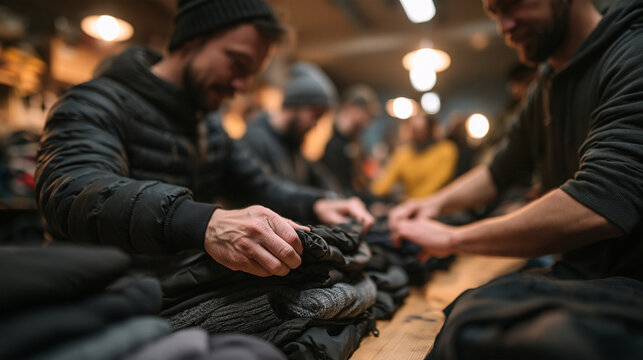 Volunteers Sorting and Folding Clothes for Donation Drive