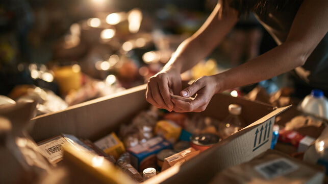 Volunteer Packing Food Donations in Cardboard Box for Charity