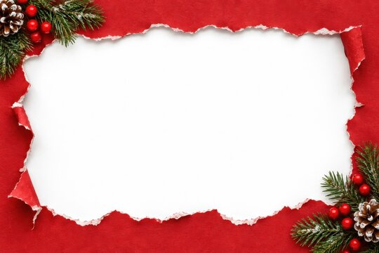 Christmas red torn paper border with festive ornaments for holiday greeting cards and seasonal promotions