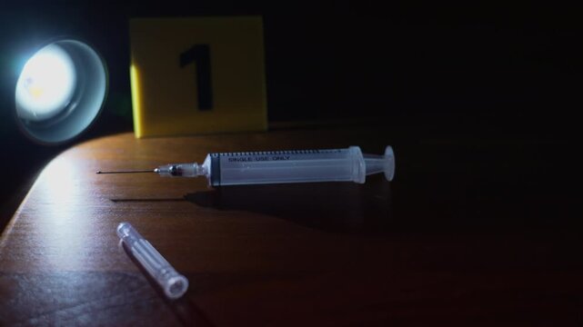Bloody syringe and evidence marker revealed in creeping suspense at dark crime scene under flashlight and flashing police lights, panning shot