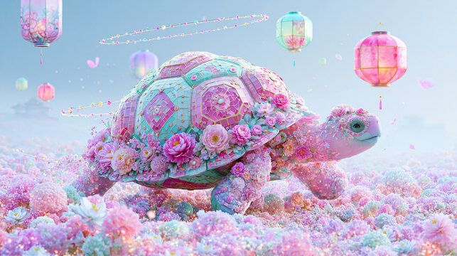 Colorful turtle adorned with flowers in a dreamy pastel landscape.