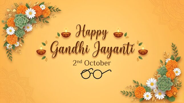 Happy Gandhi Jayanti background banner with spectacles marigold flowers and diyas