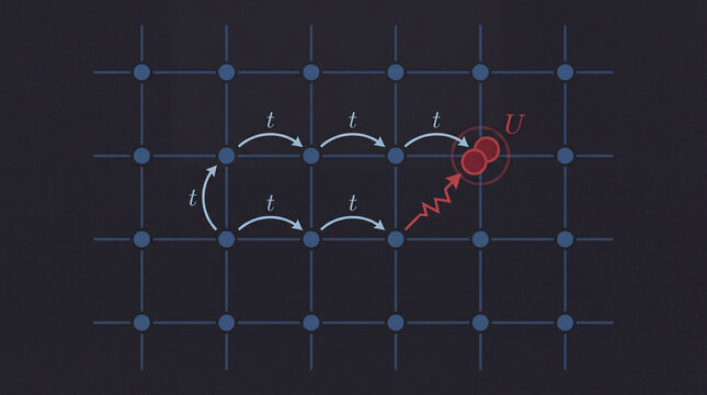 Minimal scientific illustration of the Hubbard model, electrons hopping on a lattice with on-site Coulomb repulsion U and hopping amplitude t, shown as a simple 2D grid with electrons and interaction 