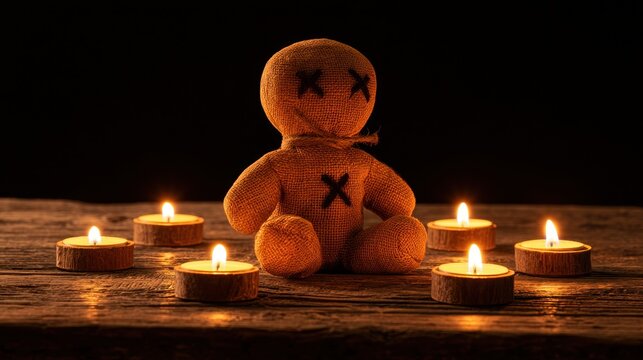 Handmade voodoo doll sitting surrounded by burning candles on a dark wooden table background