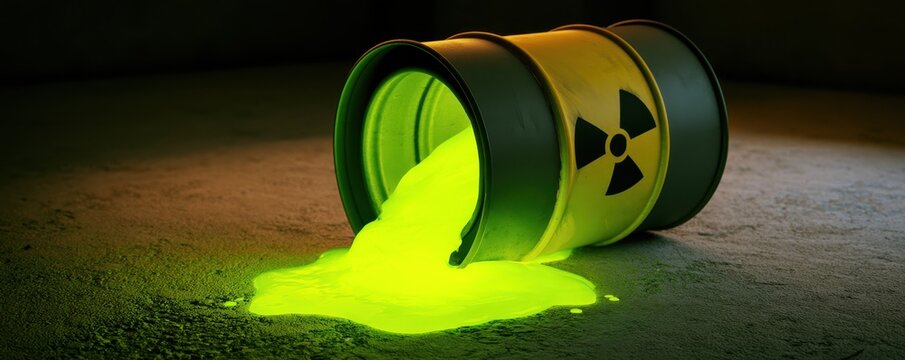 Metal barrel with a radioactive symbol lying down spilling bright green toxic liquid
